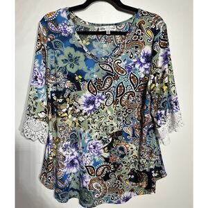 Stem & Vine Size 1X Paisley 3/4 Sleeve Blouse White Lace Trim V-Neck Stretch